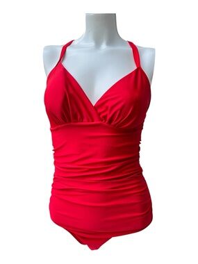 Maxmoda One Piece Red Halter Top V Neck Swimsuit Open Back Women’s S